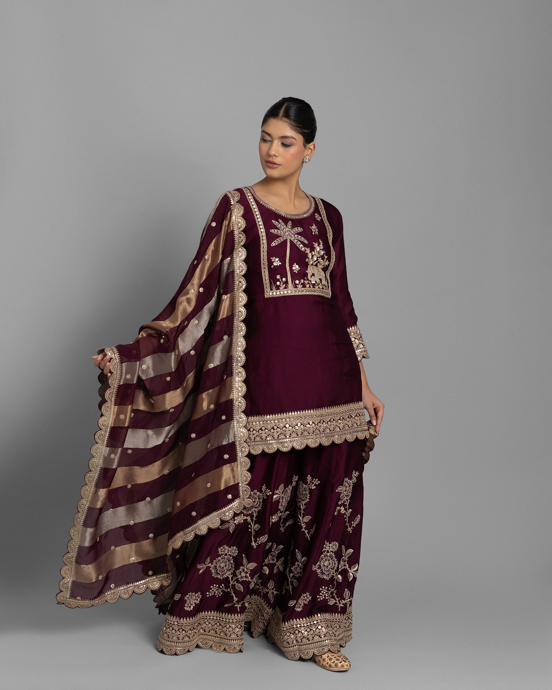 WINE RESHAM WORK KURTI WITH FLARED PALAZZO SET
