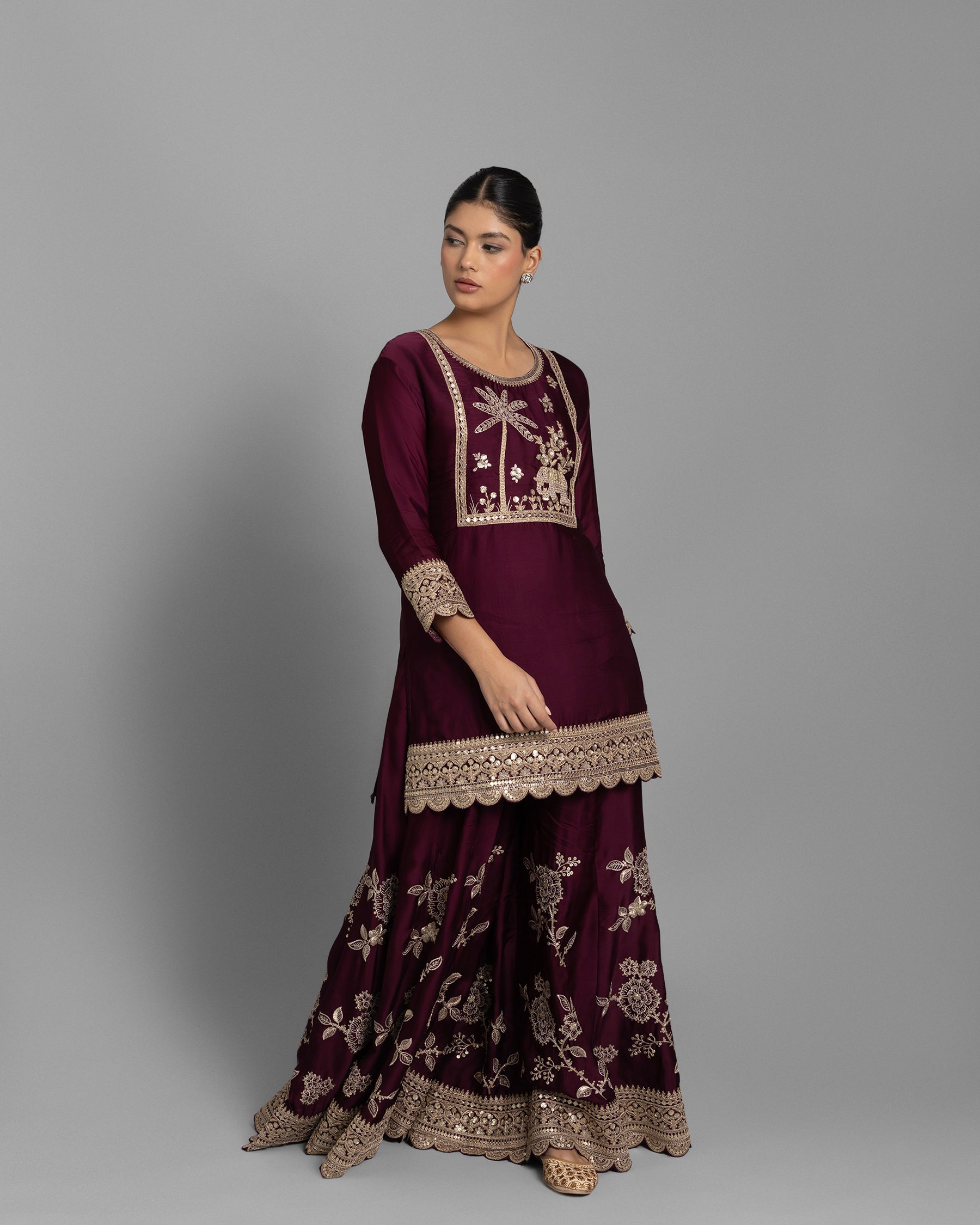 WINE RESHAM WORK KURTI WITH FLARED PALAZZO SET