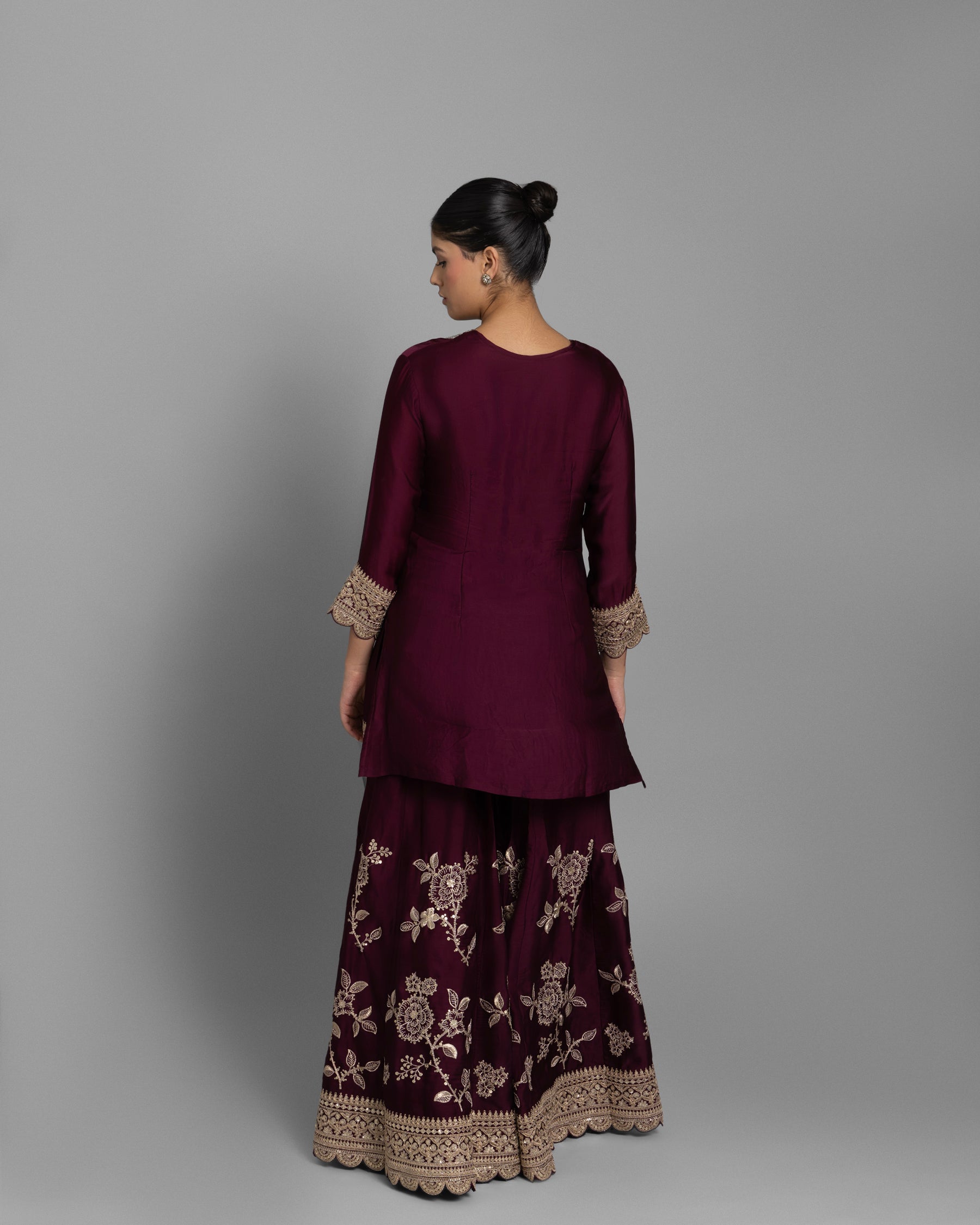WINE RESHAM WORK KURTI WITH FLARED PALAZZO SET