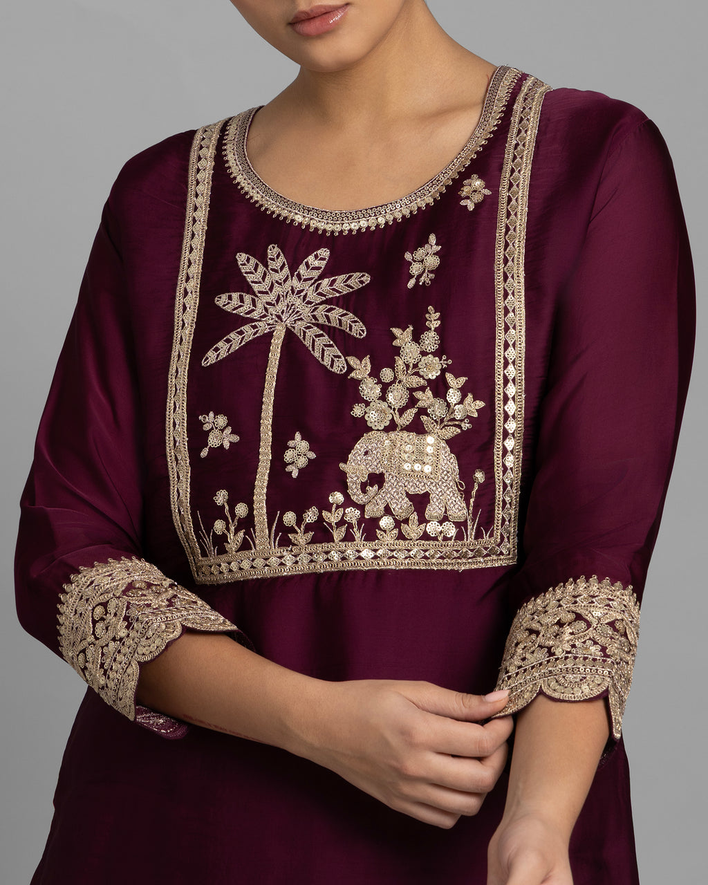 WINE RESHAM WORK KURTI WITH FLARED PALAZZO SET