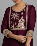 WINE RESHAM WORK KURTI WITH FLARED PALAZZO SET
