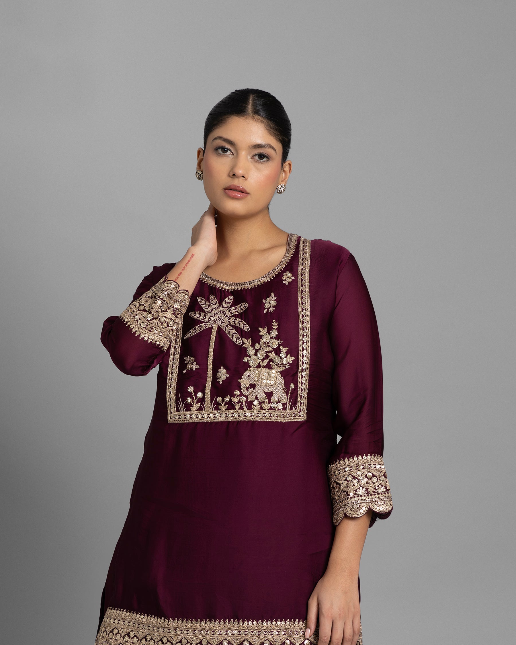 WINE RESHAM WORK KURTI WITH FLARED PALAZZO SET