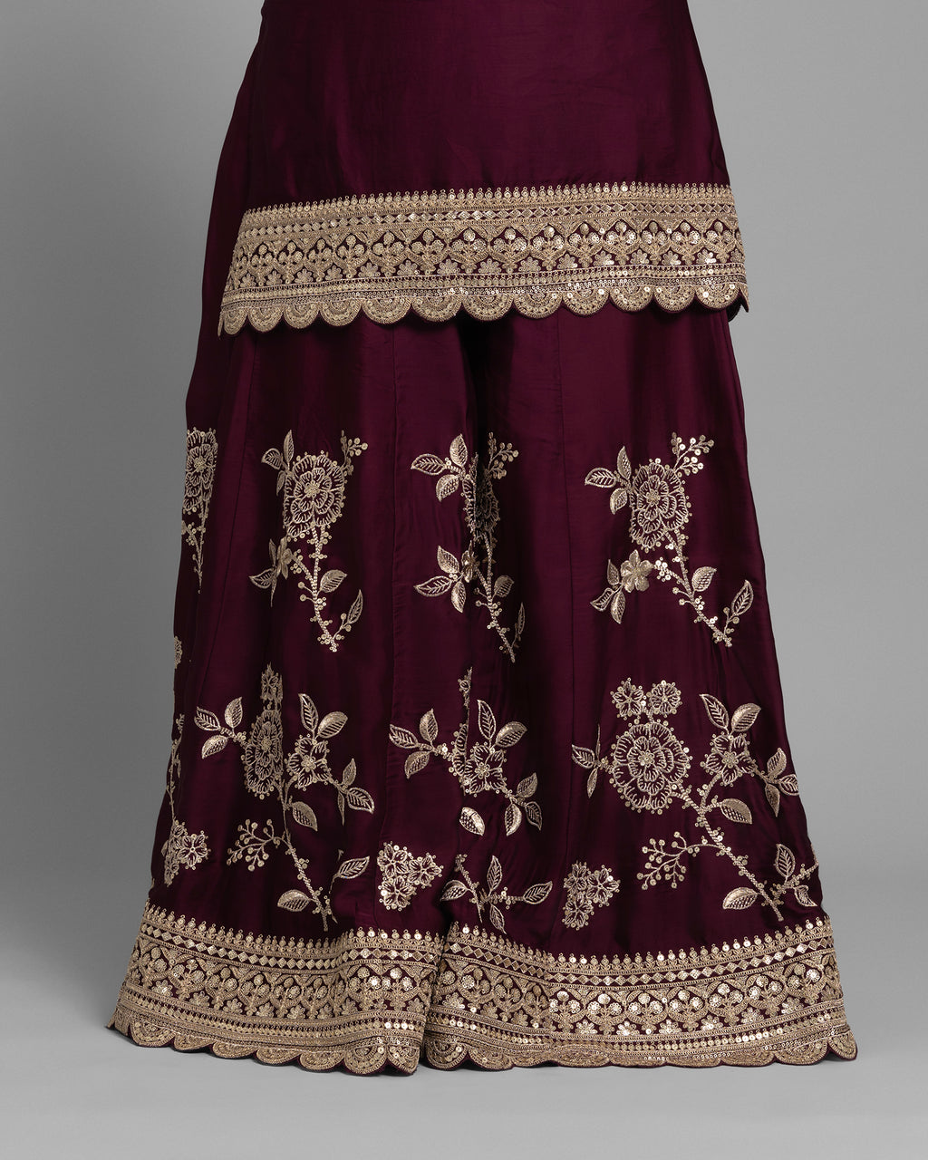 WINE RESHAM WORK KURTI WITH FLARED PALAZZO SET