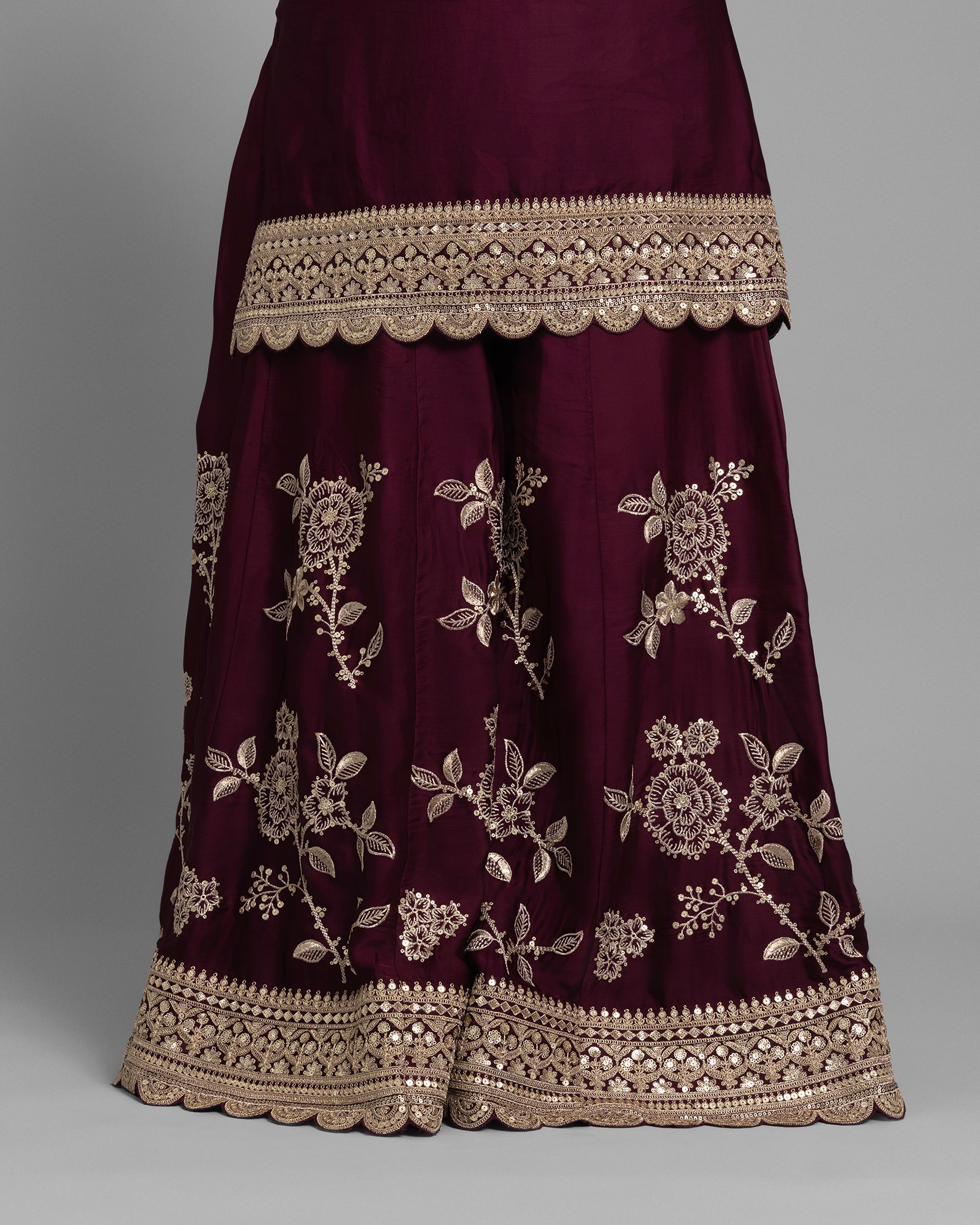 WINE RESHAM WORK KURTI WITH FLARED PALAZZO SET