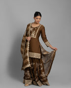 COFFEE BROWN RESHAM WORK KURTI WITH FLARED PALAZZO SET