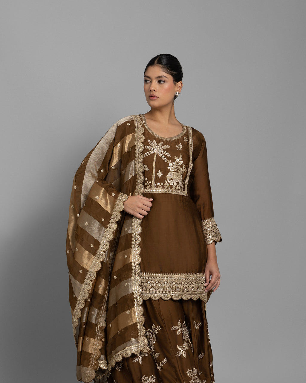 COFFEE BROWN RESHAM WORK KURTI WITH FLARED PALAZZO SET