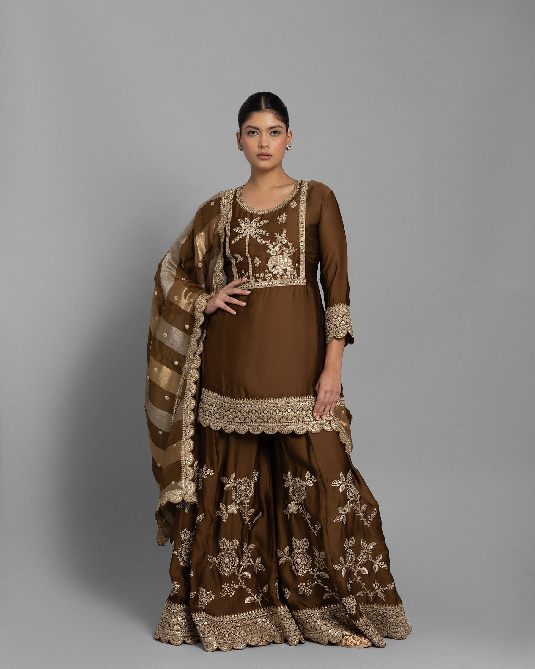 COFFEE BROWN RESHAM WORK KURTI WITH FLARED PALAZZO SET