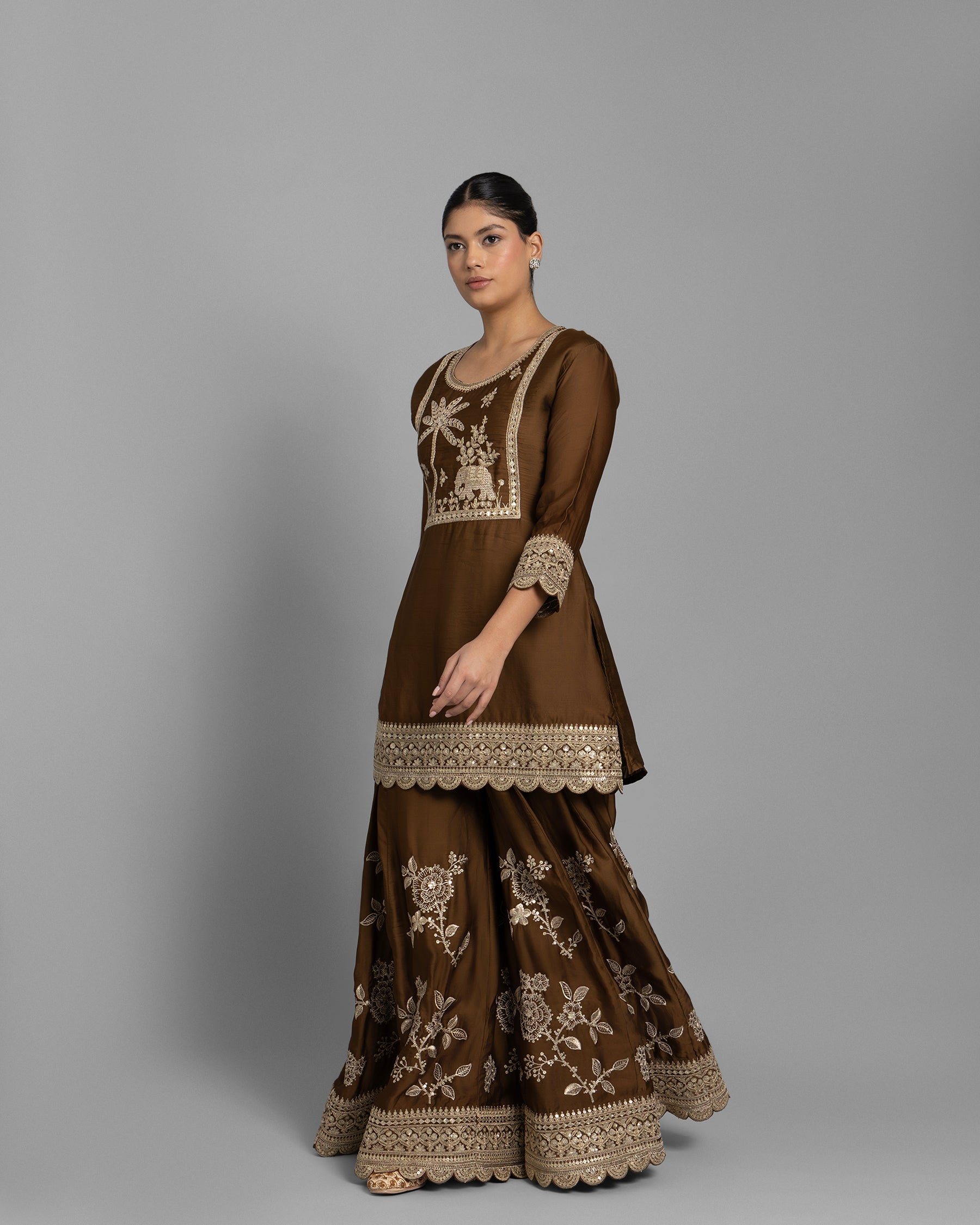 COFFEE BROWN RESHAM WORK KURTI WITH FLARED PALAZZO SET