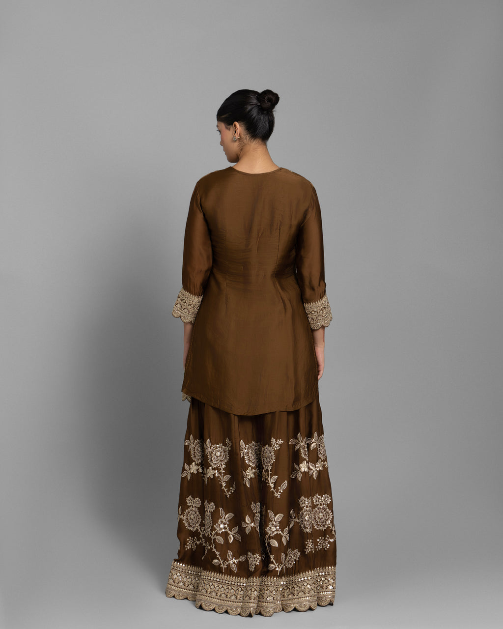 COFFEE BROWN RESHAM WORK KURTI WITH FLARED PALAZZO SET
