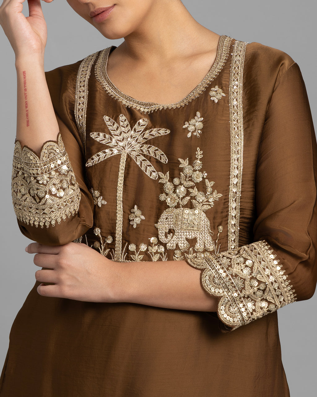 COFFEE BROWN RESHAM WORK KURTI WITH FLARED PALAZZO SET
