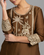 COFFEE BROWN RESHAM WORK KURTI WITH FLARED PALAZZO SET