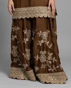 COFFEE BROWN RESHAM WORK KURTI WITH FLARED PALAZZO SET