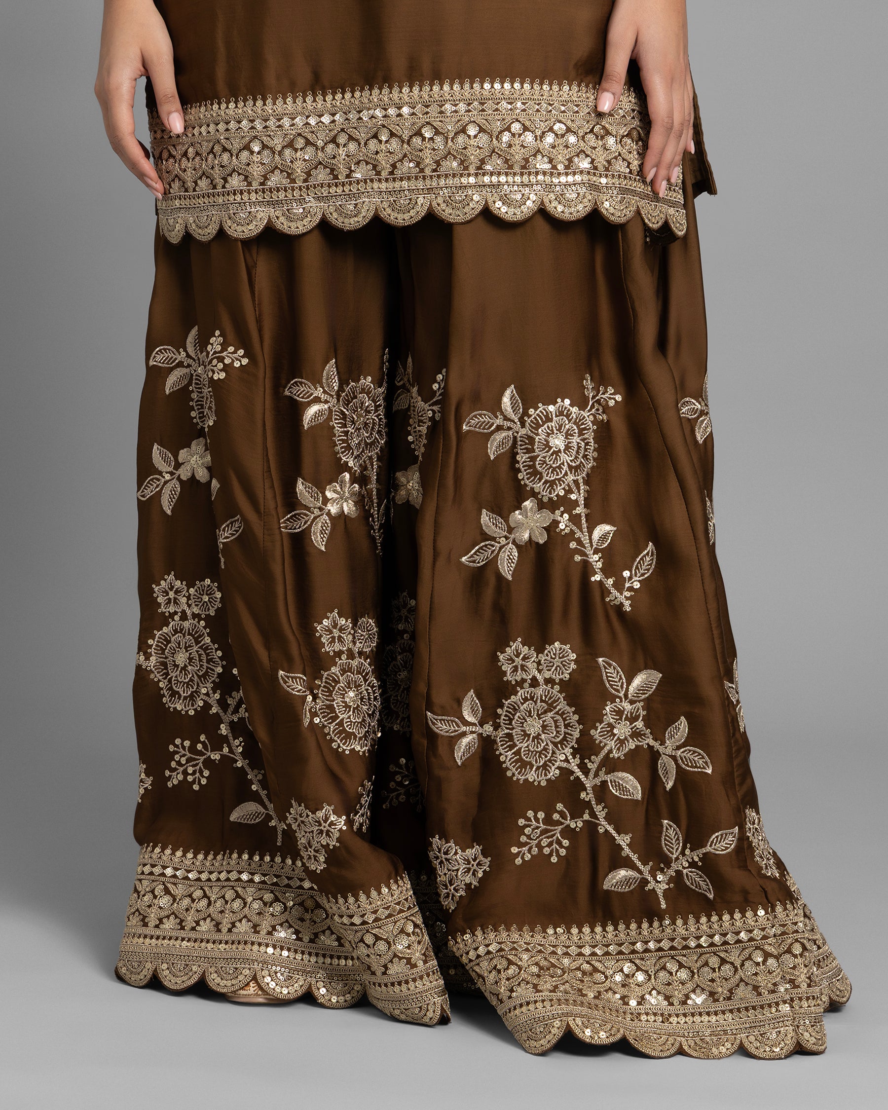COFFEE BROWN RESHAM WORK KURTI WITH FLARED PALAZZO SET