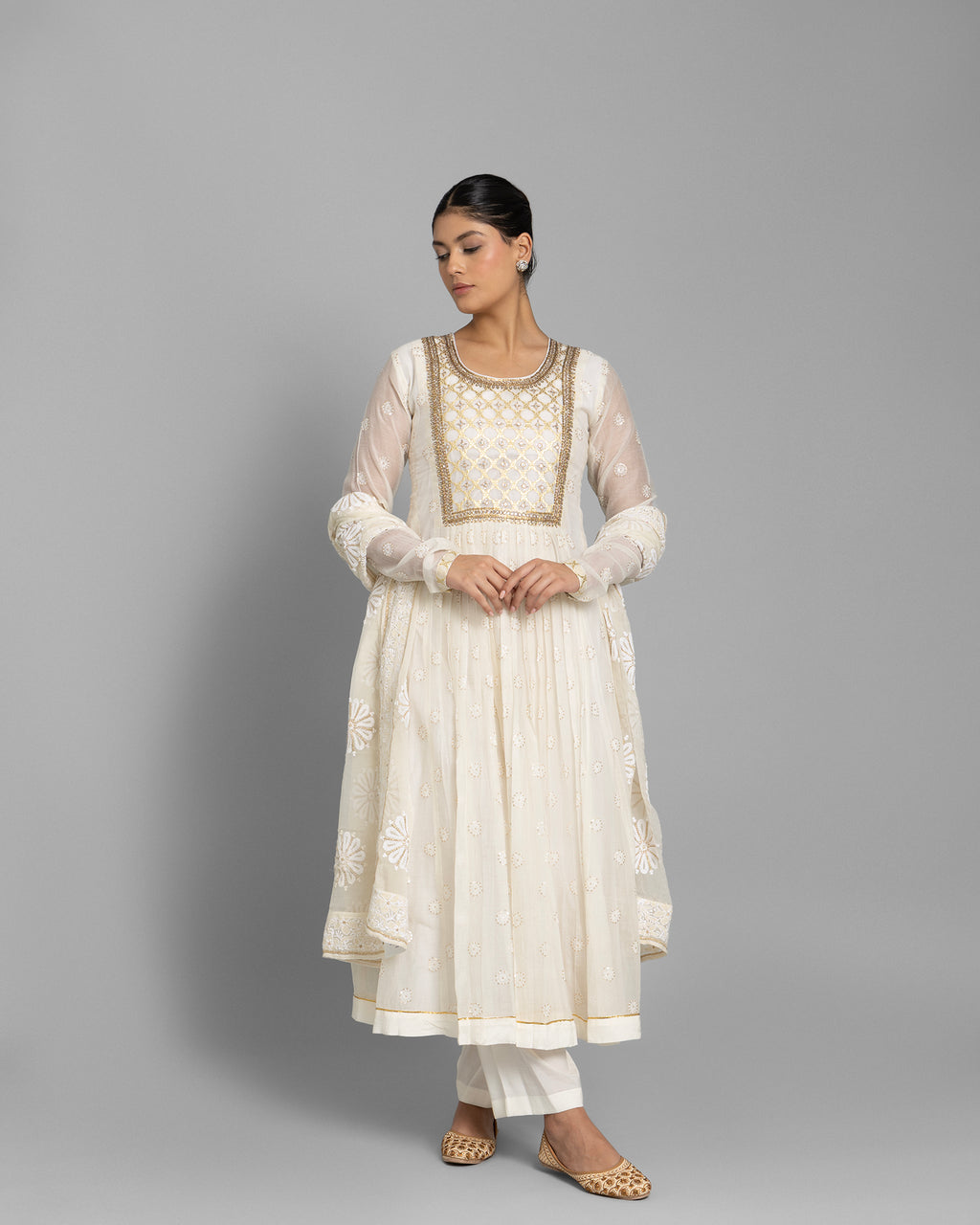 IVORY BANARASI WOVEN LUCKNOWI ANARKALI SET