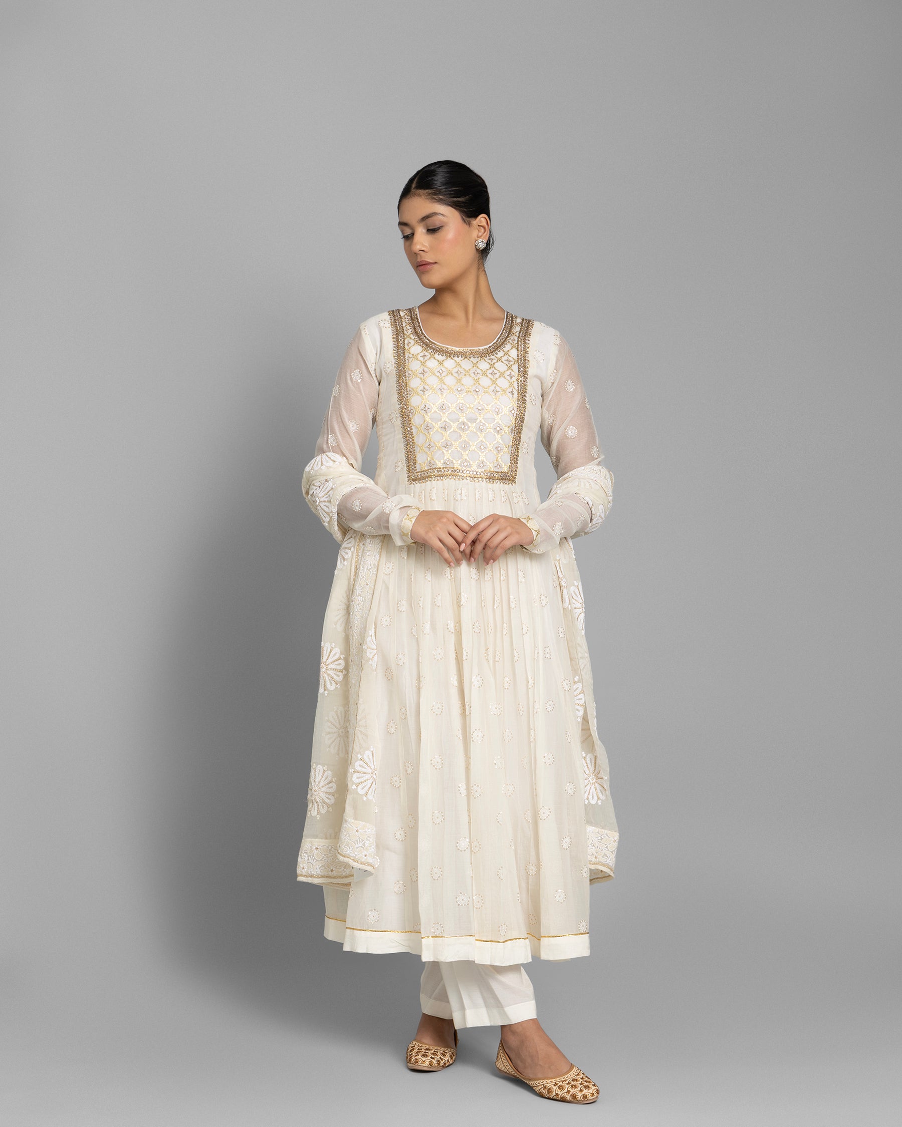 IVORY BANARASI WOVEN LUCKNOWI ANARKALI SET