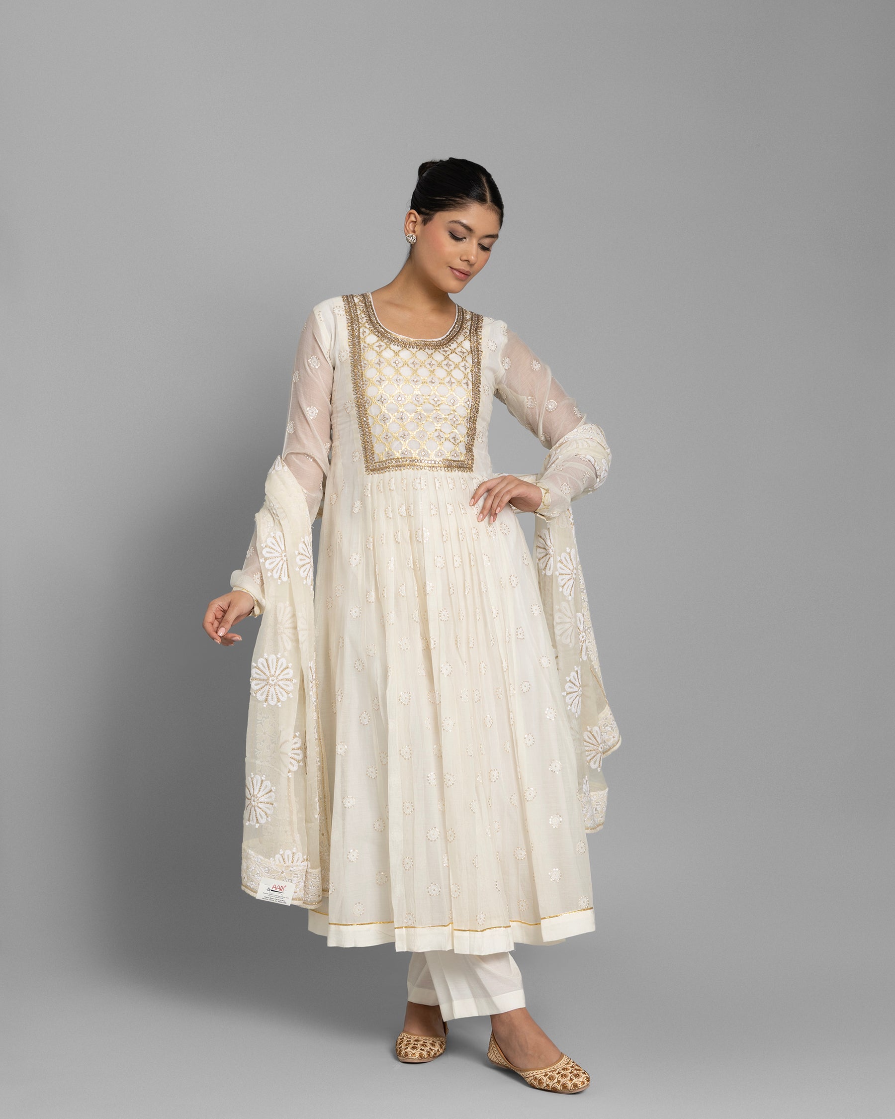 IVORY BANARASI WOVEN LUCKNOWI ANARKALI SET