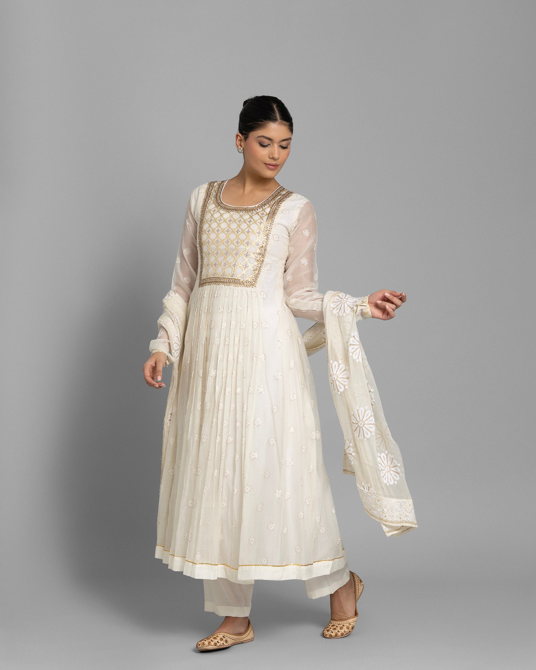 IVORY BANARASI WOVEN LUCKNOWI ANARKALI SET