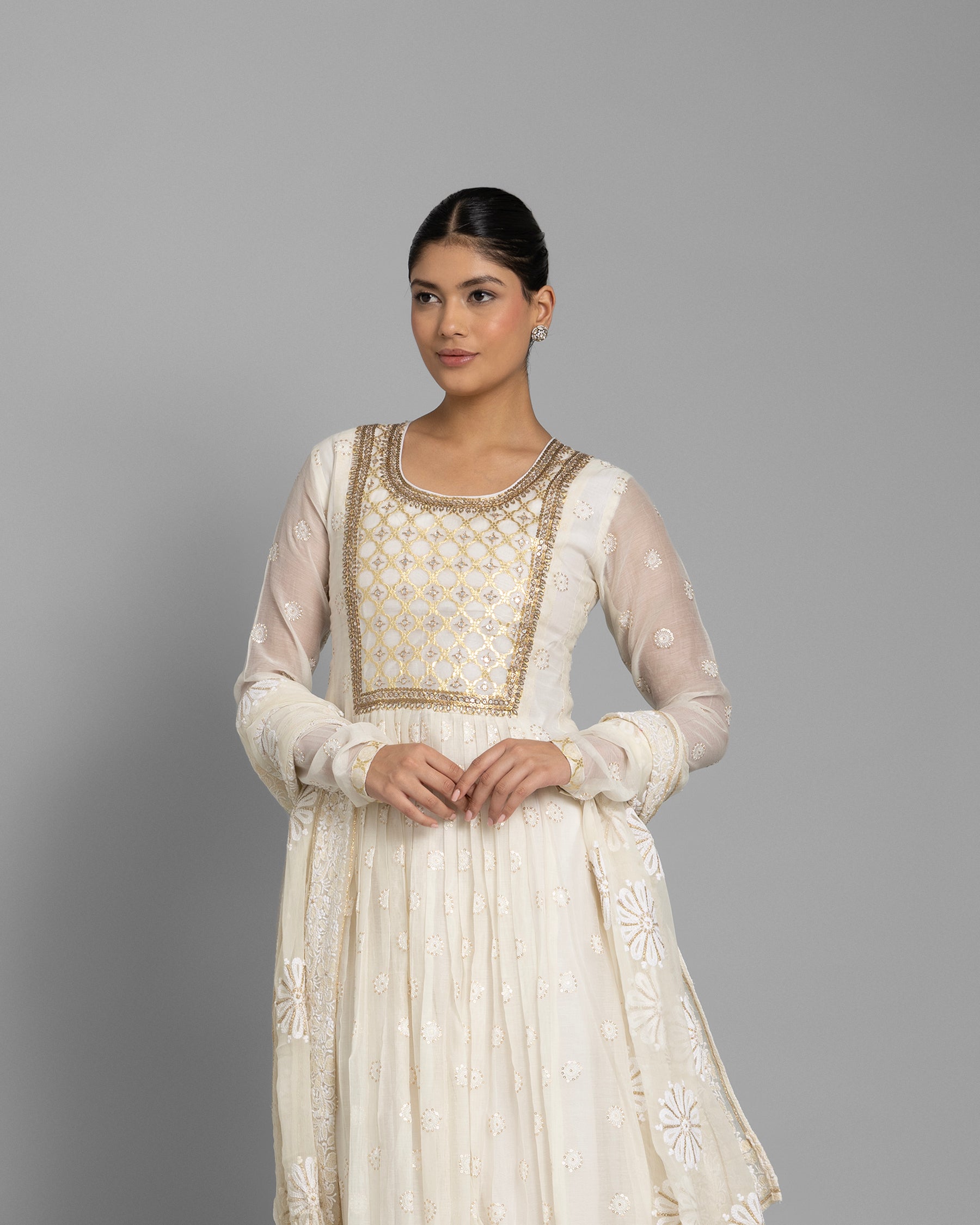 IVORY BANARASI WOVEN LUCKNOWI ANARKALI SET