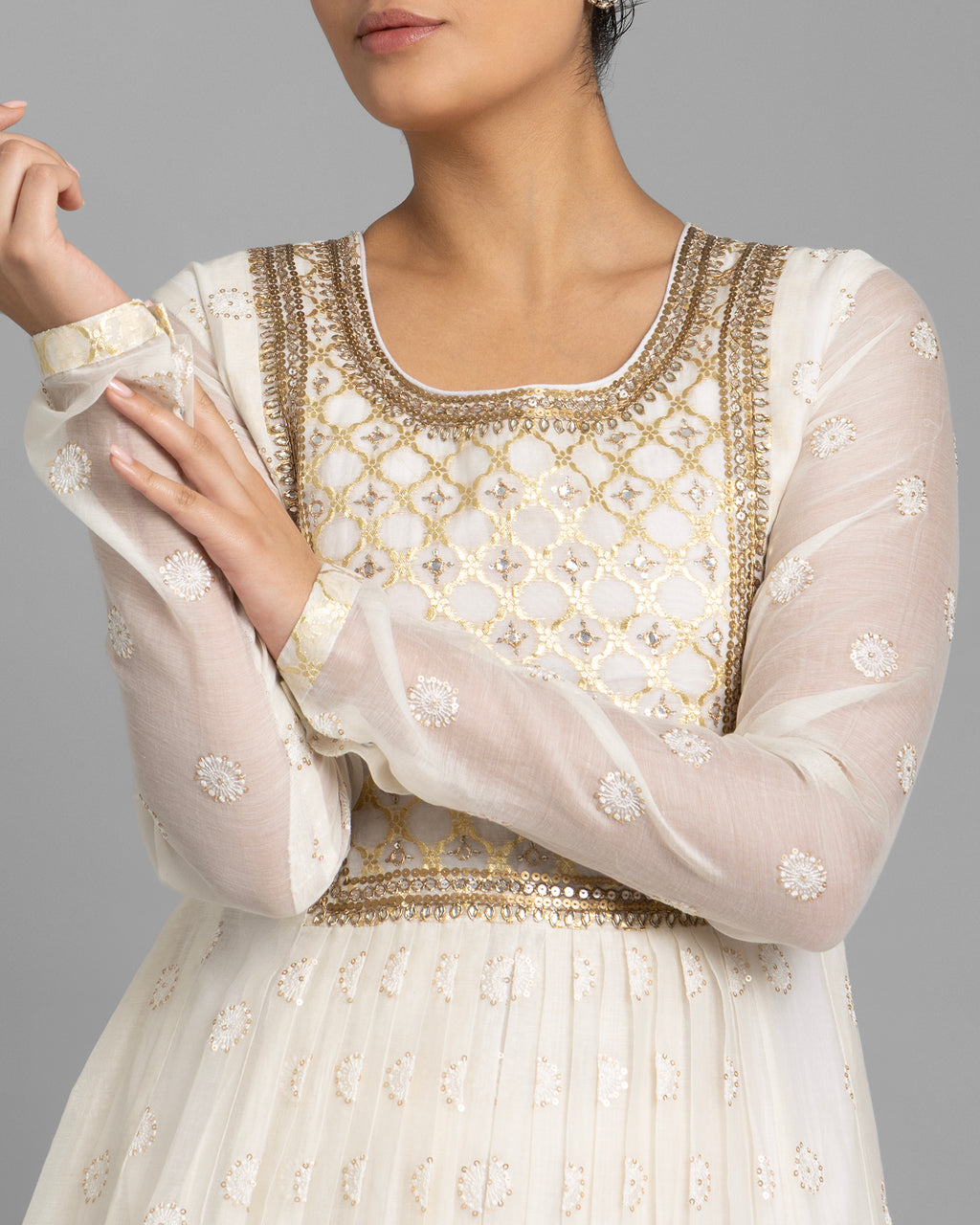 IVORY BANARASI WOVEN LUCKNOWI ANARKALI SET