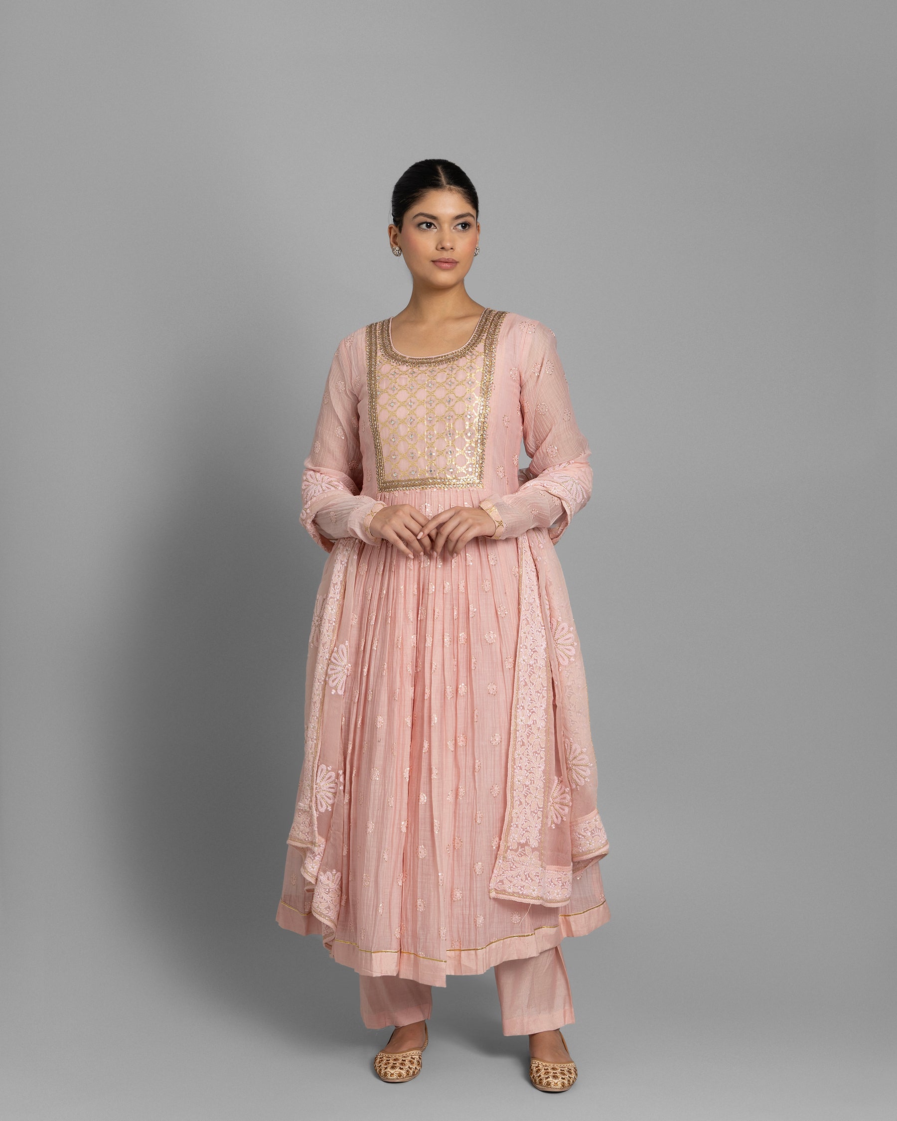 DUSTY ROSE BANARASI WOVEN LUCKNOWI ANARKALI SET