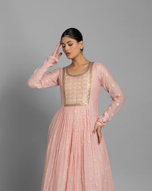 DUSTY ROSE BANARASI WOVEN LUCKNOWI ANARKALI SET
