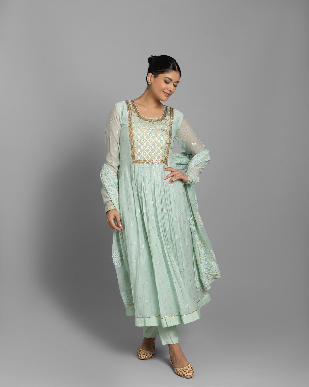 MINT BANARASI WOVEN LUCKNOWI ANARKALI SET