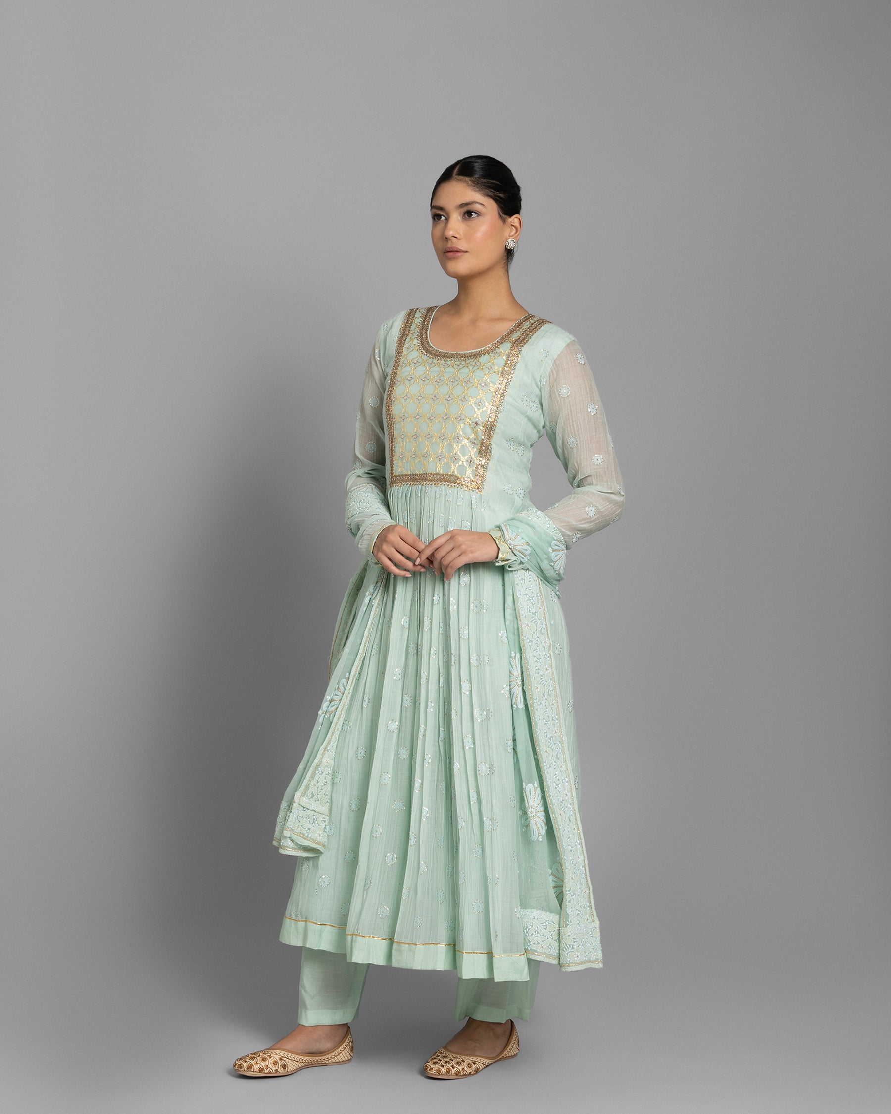 MINT BANARASI WOVEN LUCKNOWI ANARKALI SET