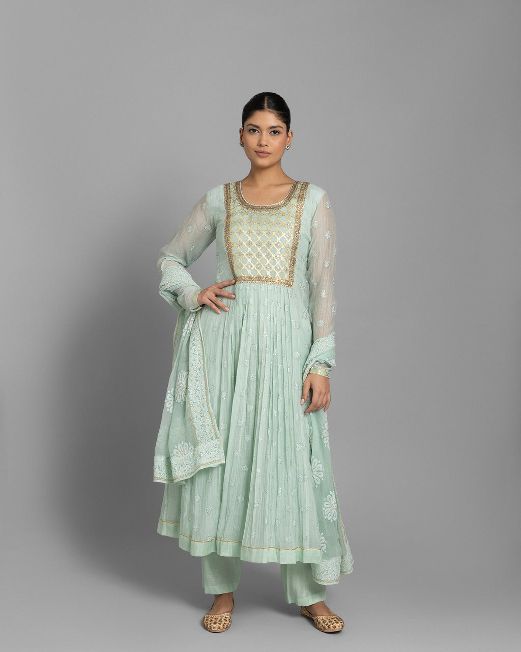 MINT BANARASI WOVEN LUCKNOWI ANARKALI SET