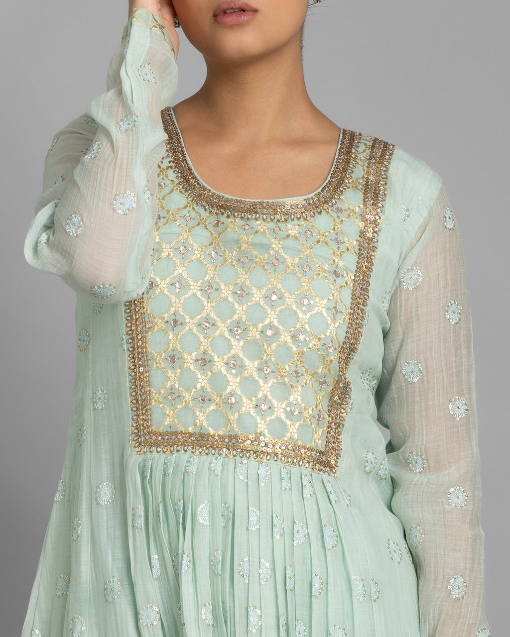 MINT BANARASI WOVEN LUCKNOWI ANARKALI SET