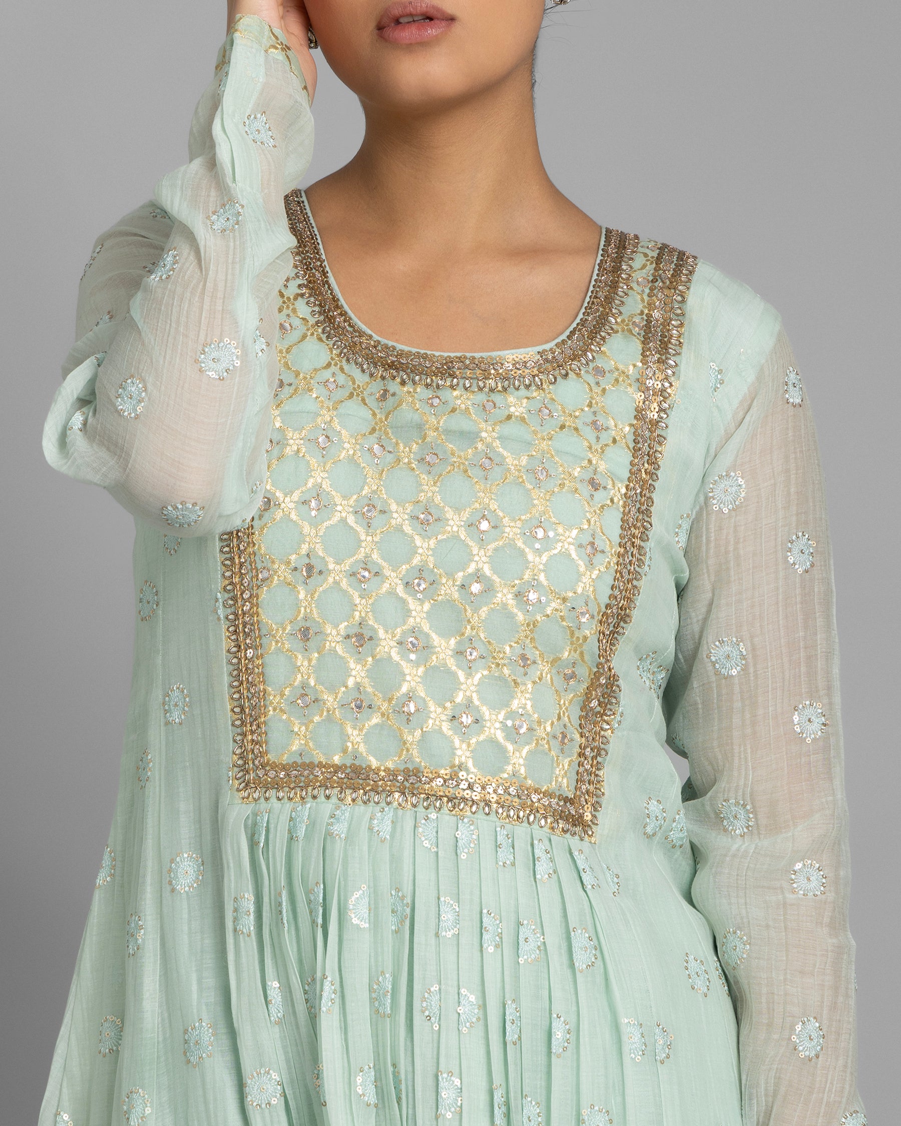 MINT BANARASI WOVEN LUCKNOWI ANARKALI SET