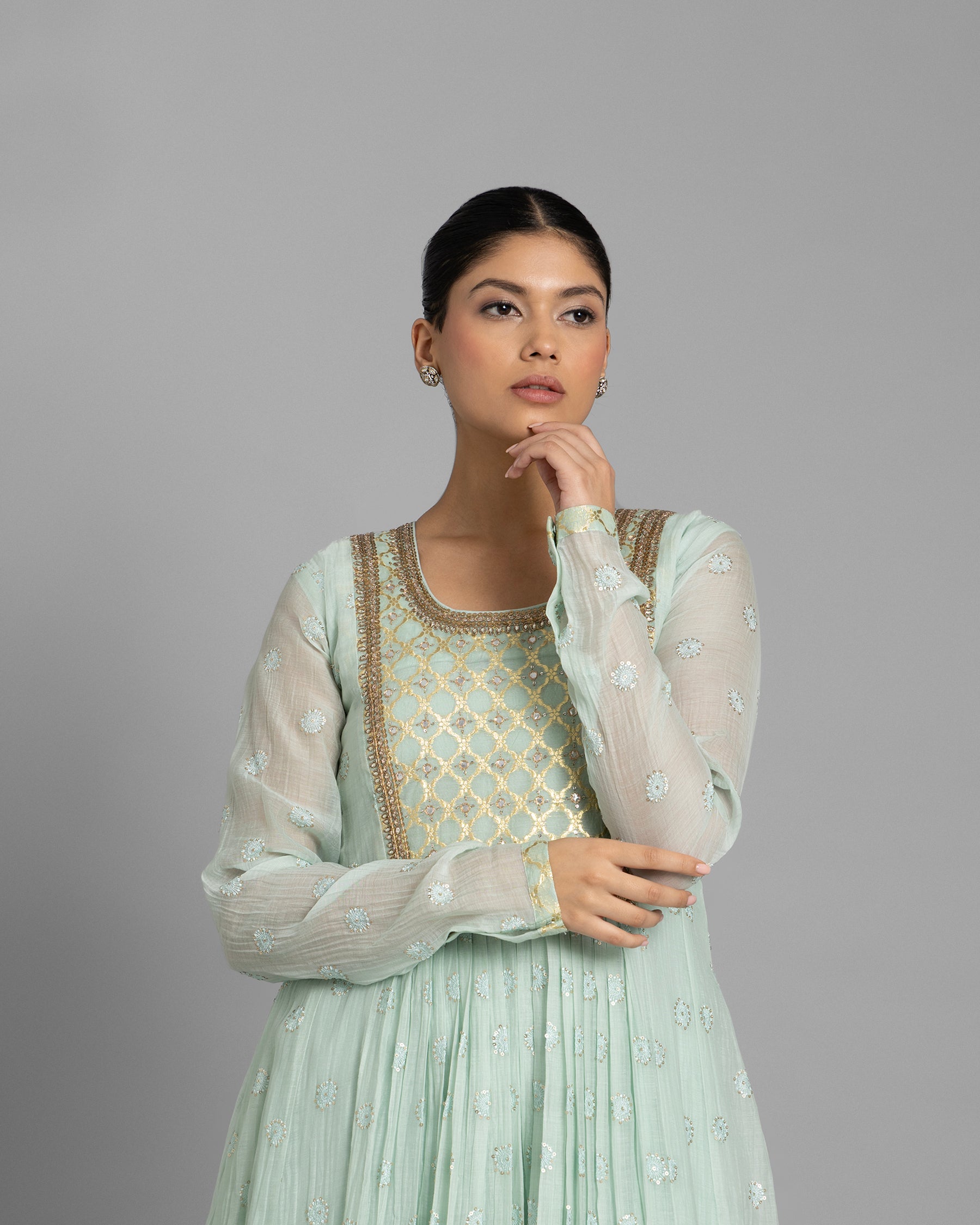 MINT BANARASI WOVEN LUCKNOWI ANARKALI SET