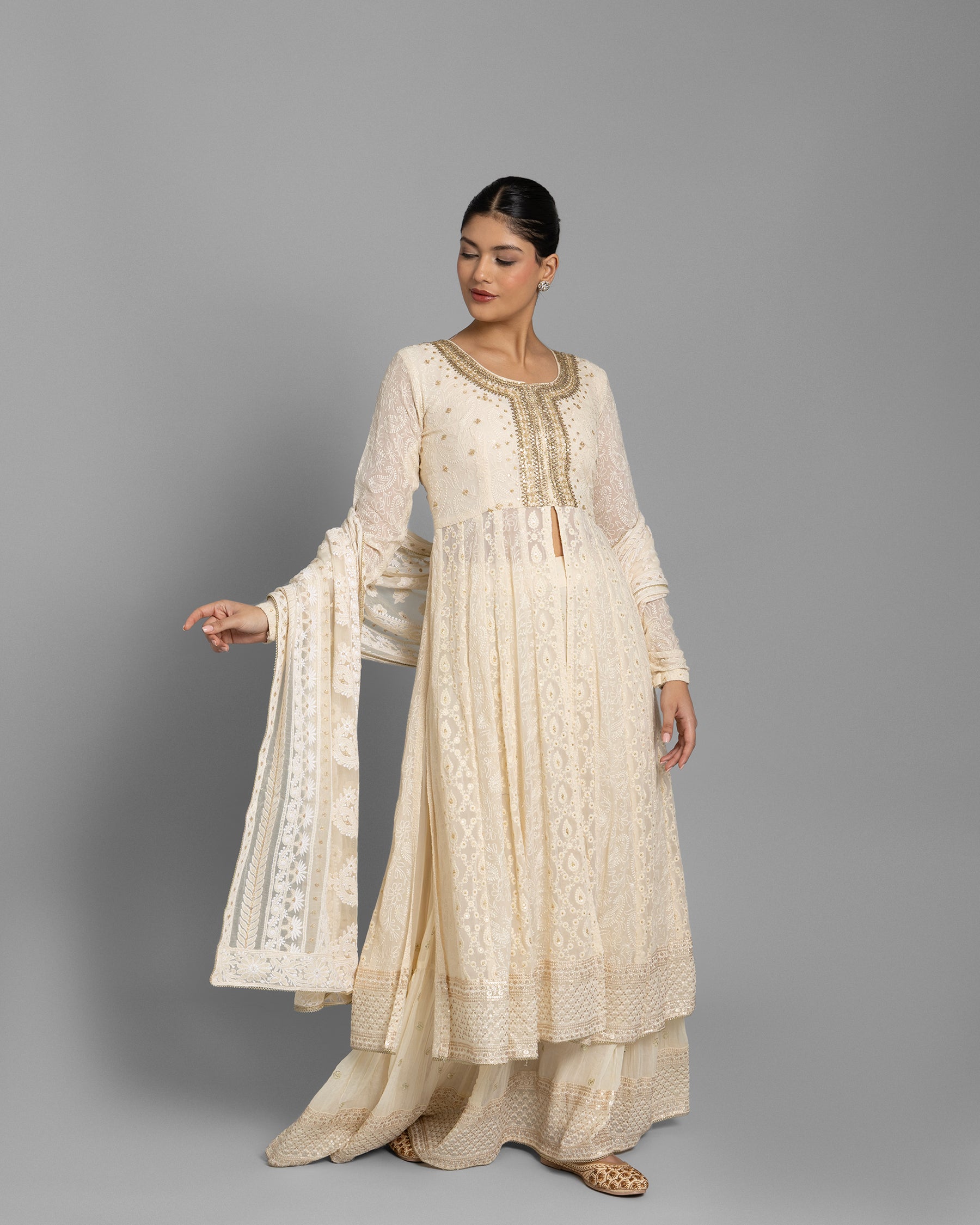 IVORY LUCKNOWI ANARKALI WITH SKIRT ENSEMBLE