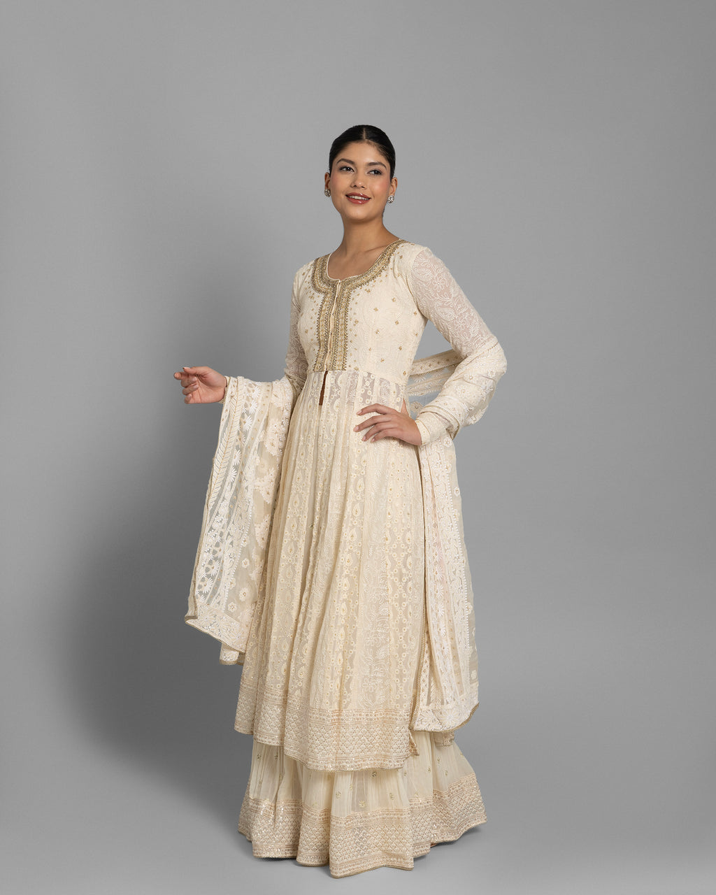 IVORY LUCKNOWI ANARKALI WITH SKIRT ENSEMBLE