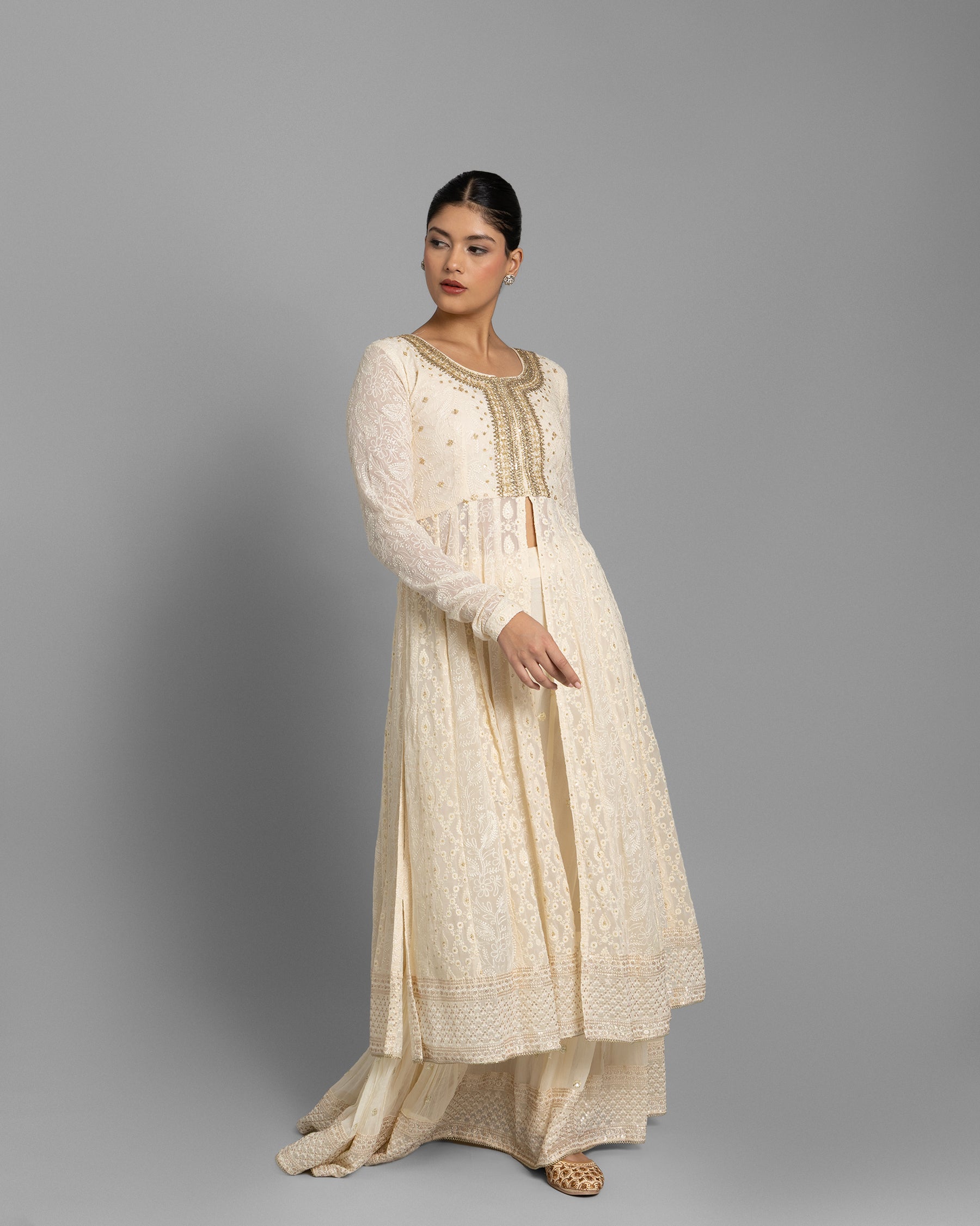 IVORY LUCKNOWI ANARKALI WITH SKIRT ENSEMBLE