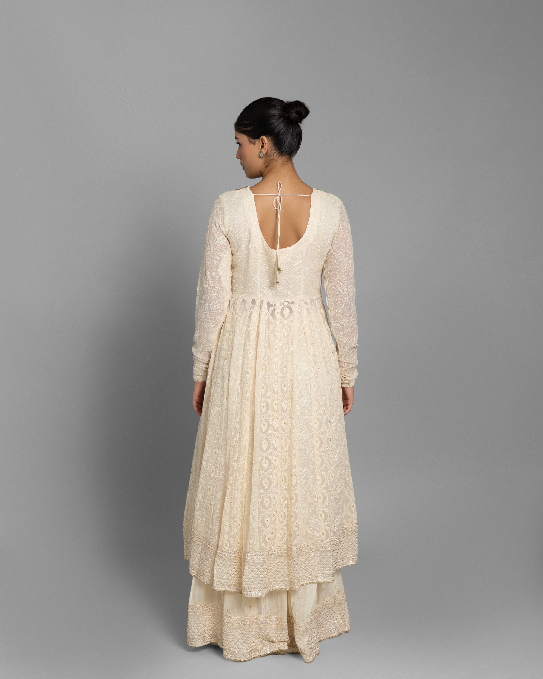 IVORY LUCKNOWI ANARKALI WITH SKIRT ENSEMBLE