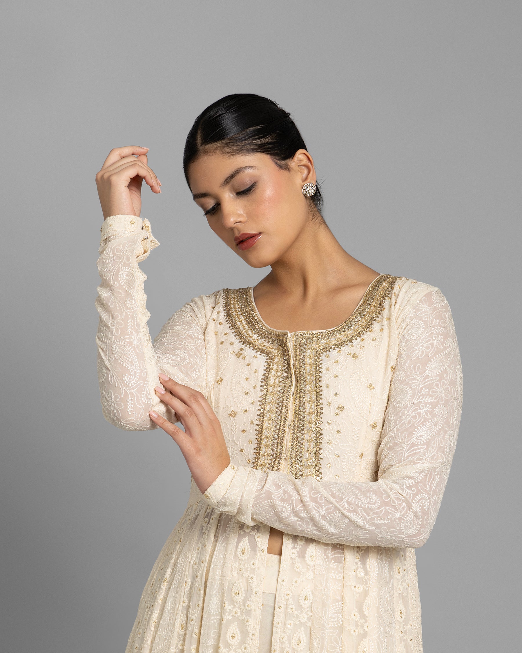 IVORY LUCKNOWI ANARKALI WITH SKIRT ENSEMBLE