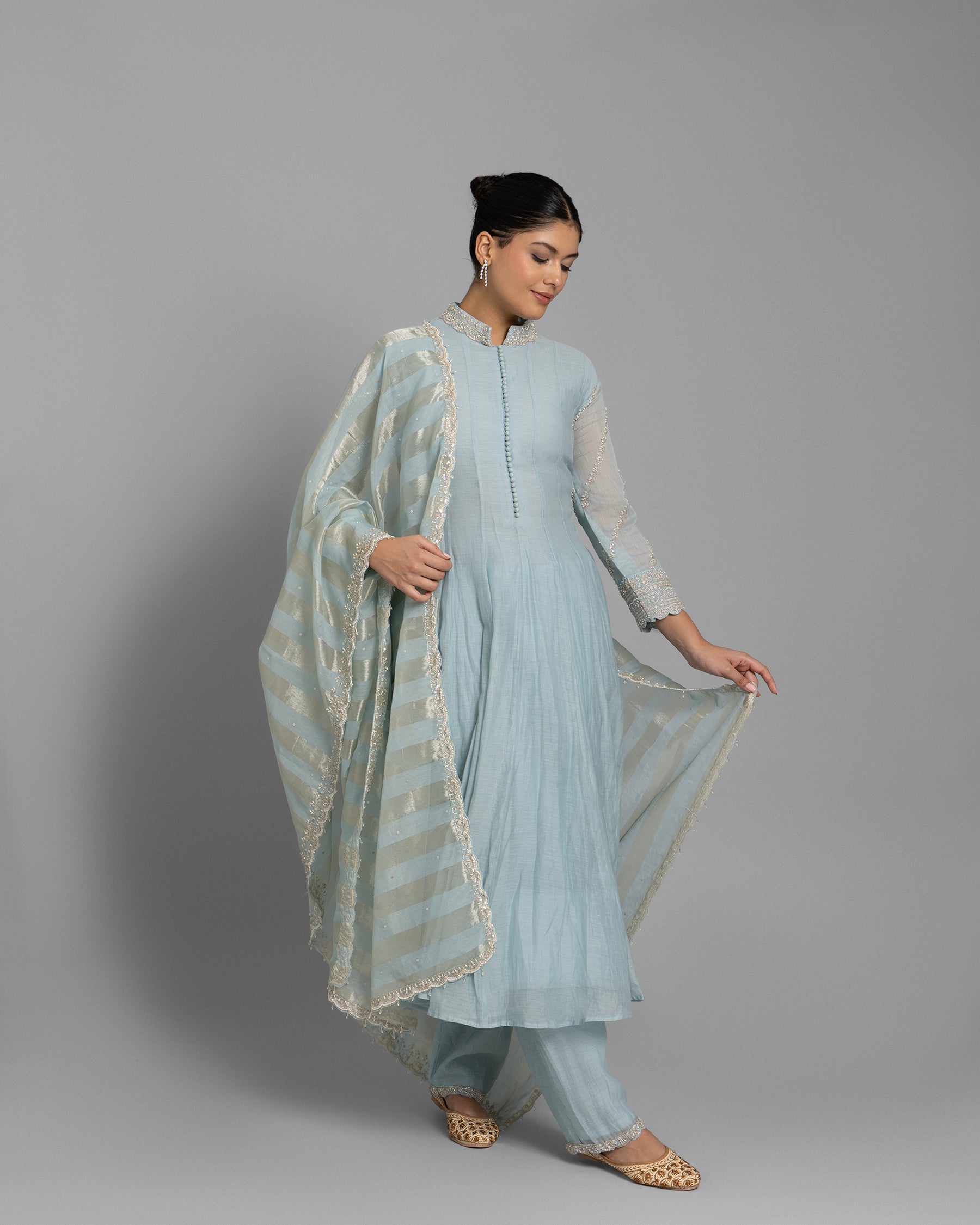 MIST BLUE EMBROIDERED MUL ANARKALI SET