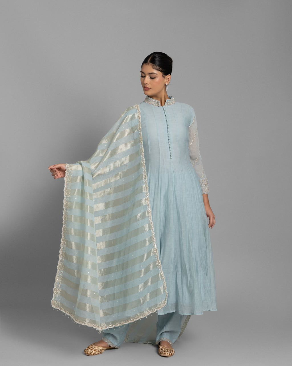 MIST BLUE EMBROIDERED MUL ANARKALI SET