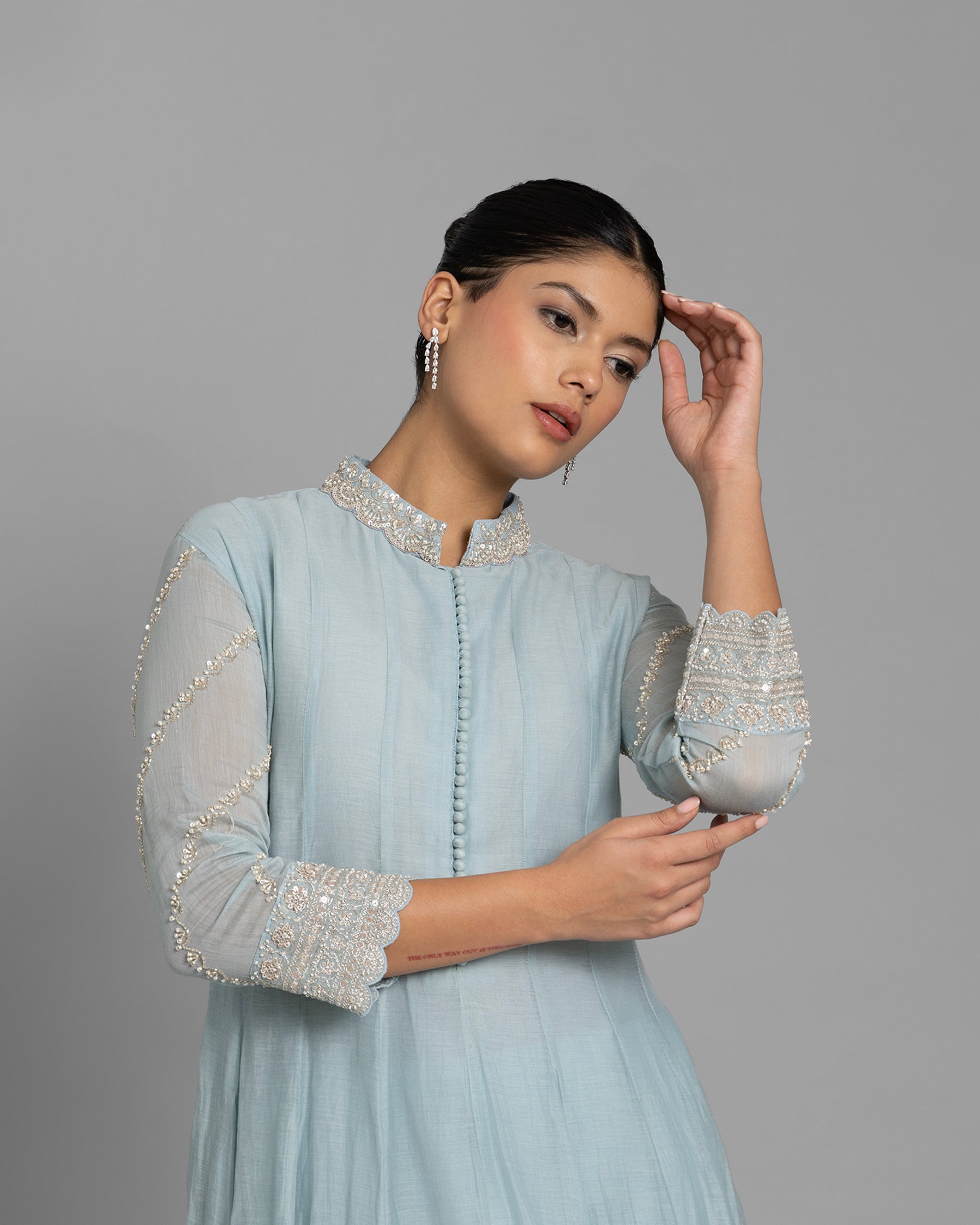 MIST BLUE EMBROIDERED MUL ANARKALI SET