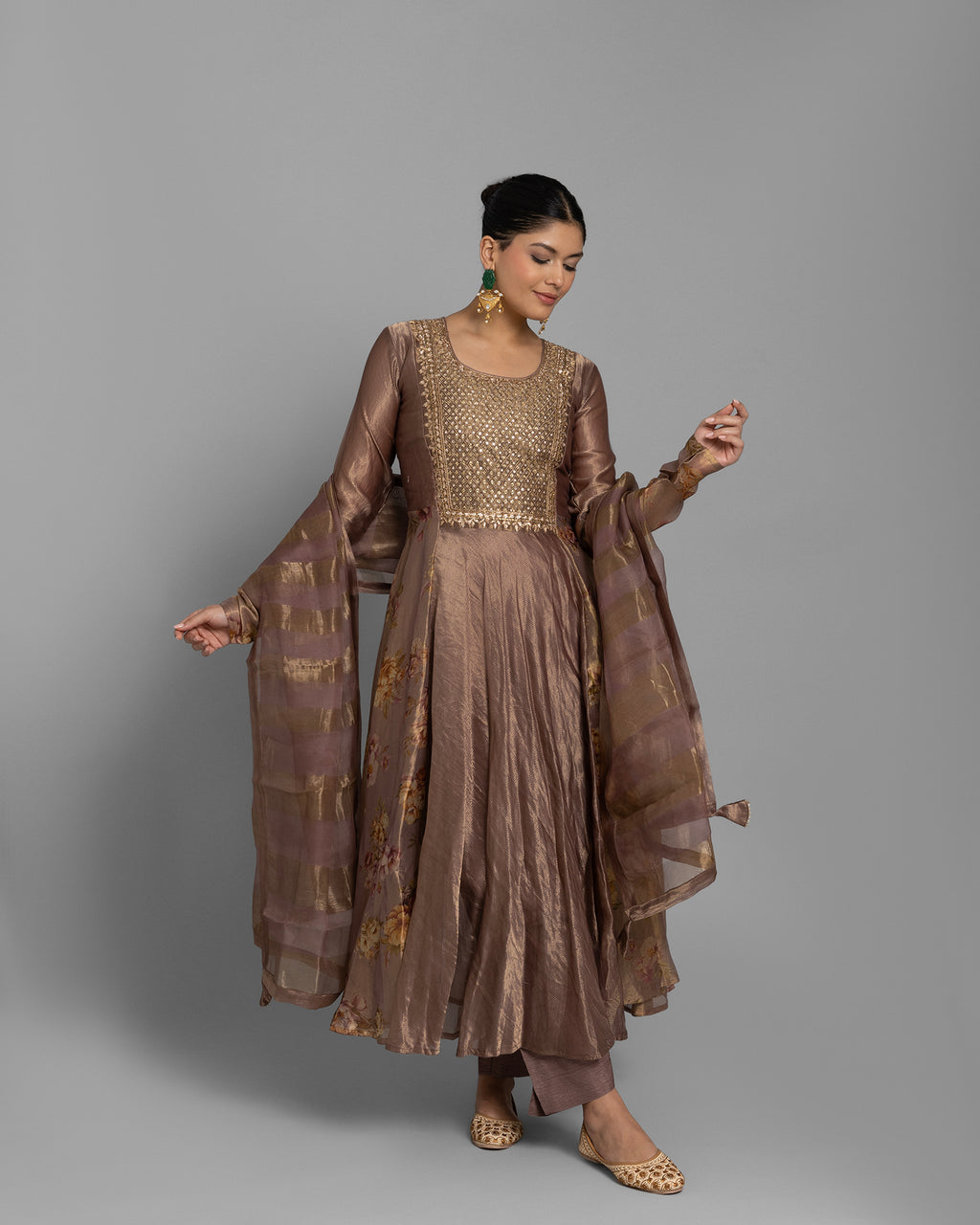CHESTNUT BROWN PRINTED ANARKALI SET