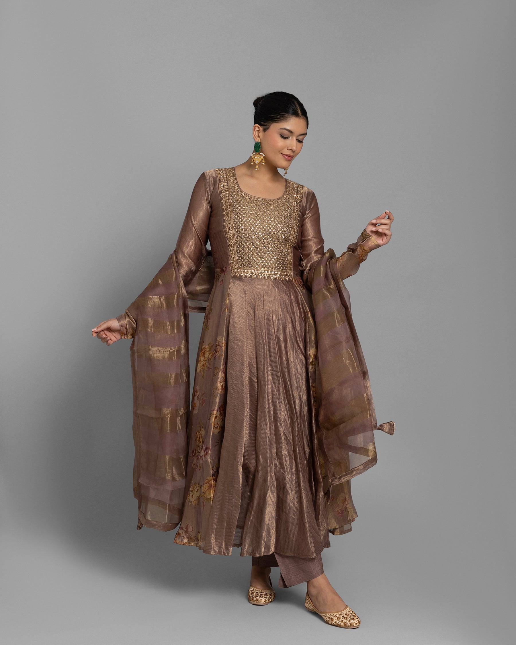 CHESTNUT BROWN PRINTED ANARKALI SET