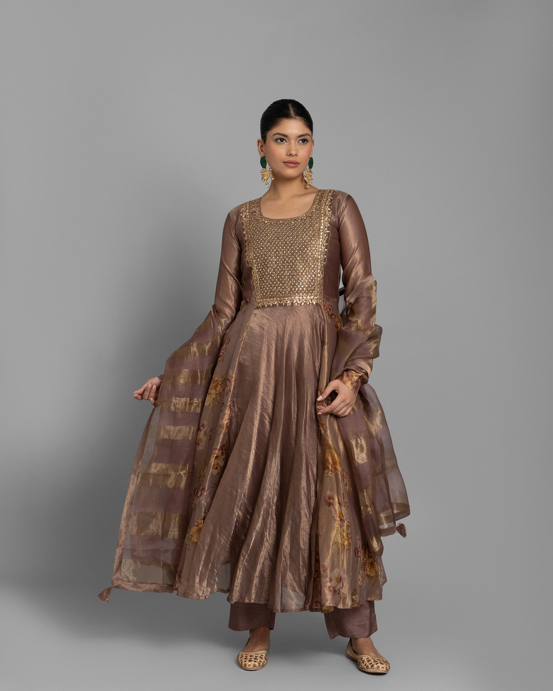 CHESTNUT BROWN PRINTED ANARKALI SET