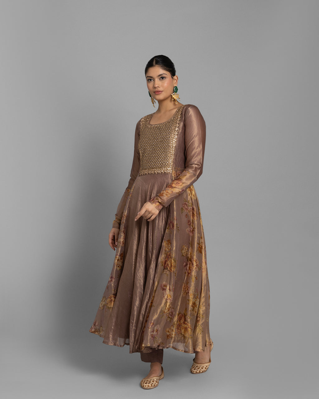 CHESTNUT BROWN PRINTED ANARKALI SET