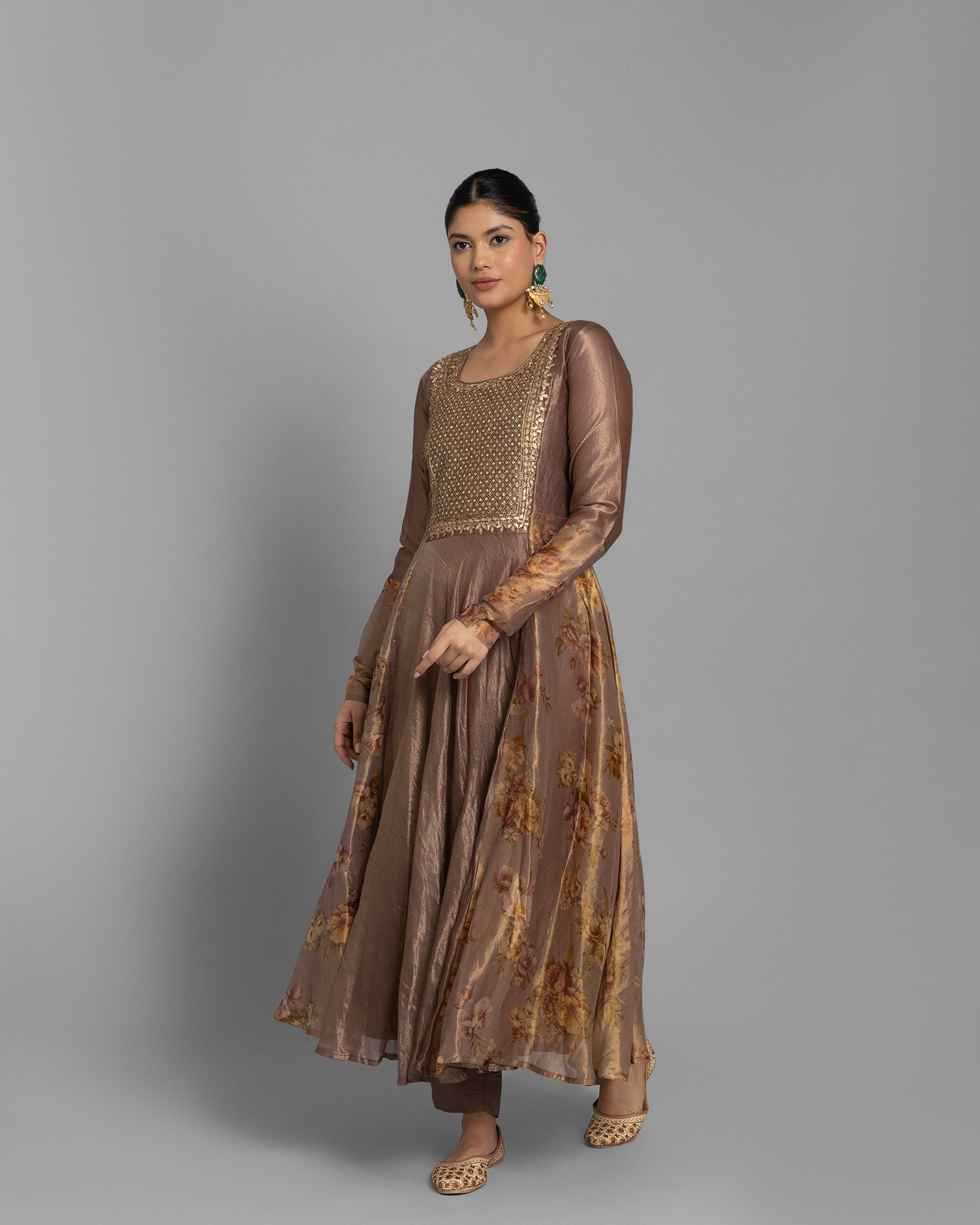 CHESTNUT BROWN PRINTED ANARKALI SET