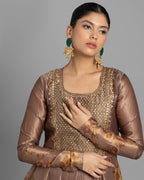 CHESTNUT BROWN PRINTED ANARKALI SET