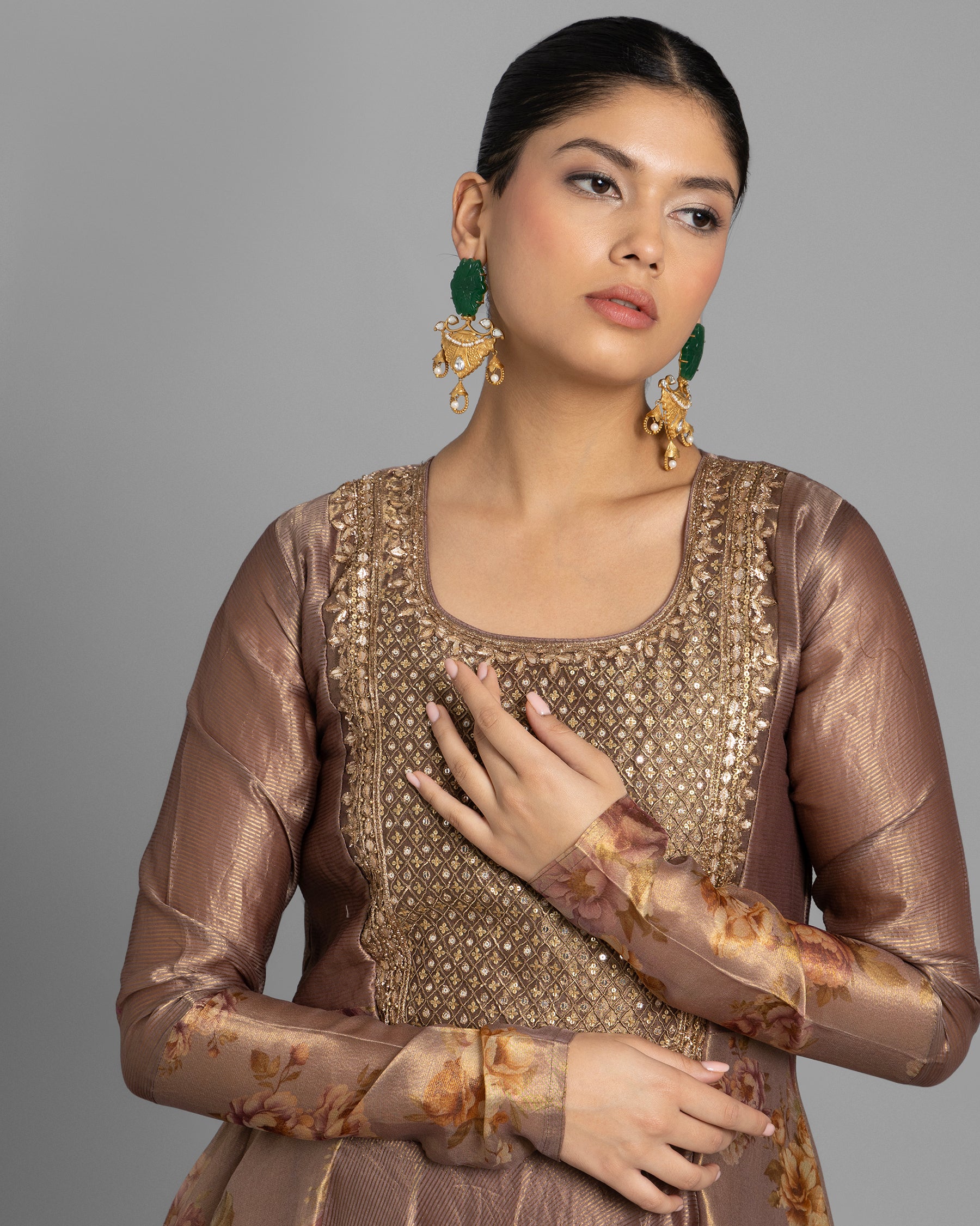 CHESTNUT BROWN PRINTED ANARKALI SET