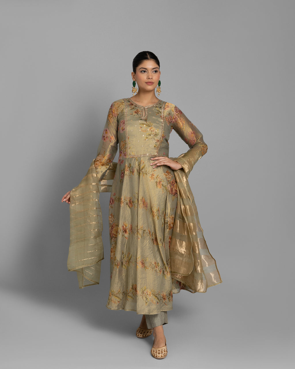 GREEN OLIVE PRINTED TISSUE ANARKALI SET