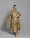GREEN OLIVE PRINTED TISSUE ANARKALI SET