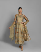 GREEN OLIVE PRINTED TISSUE ANARKALI SET