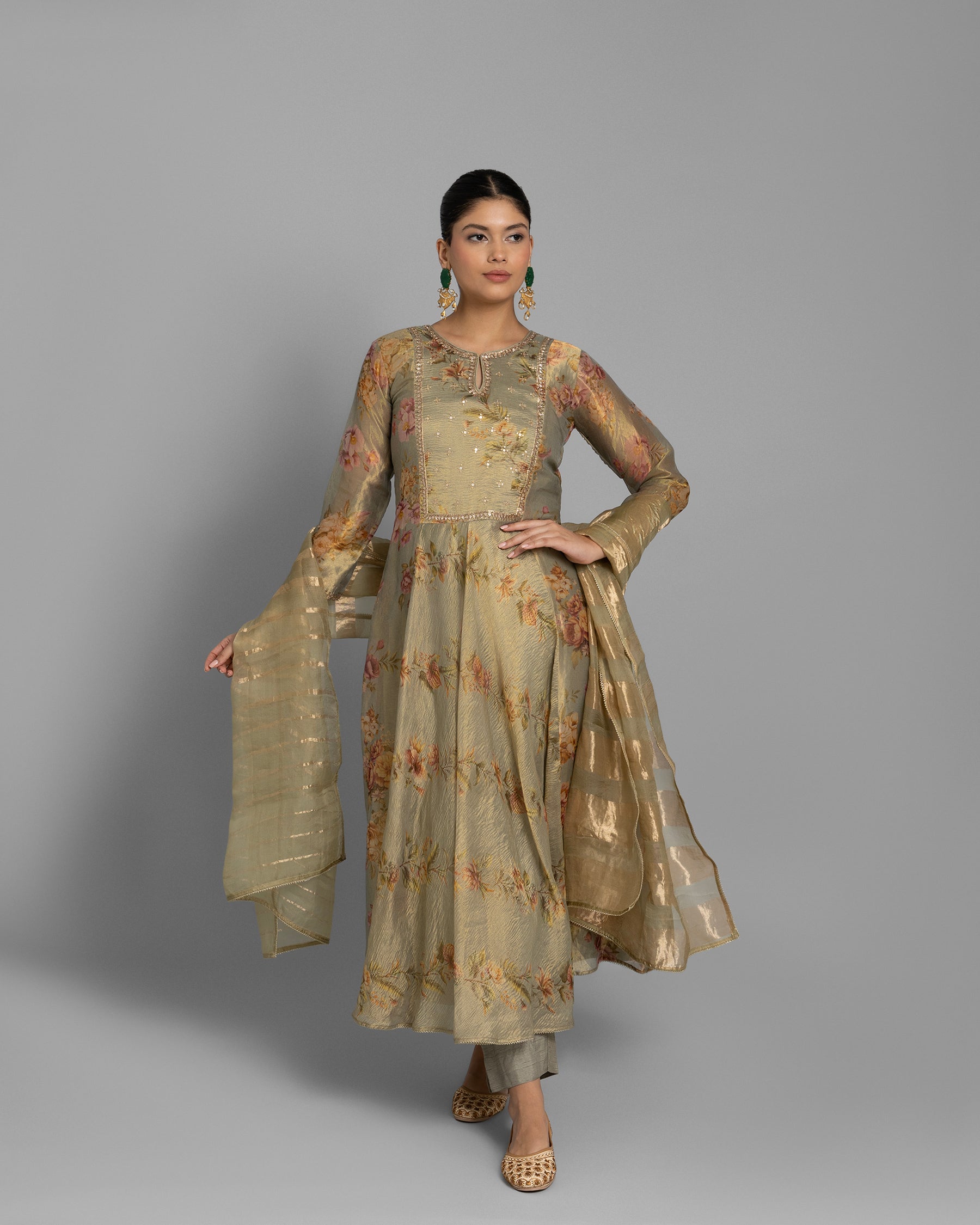 GREEN OLIVE PRINTED TISSUE ANARKALI SET